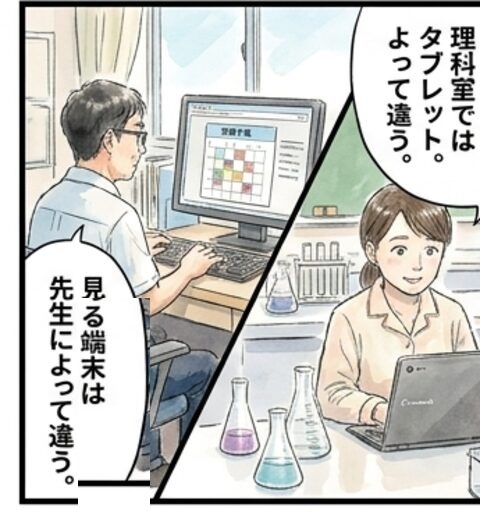 学校ではPC、理科室ではタブレットと、見る端末が先生によって違う様子。