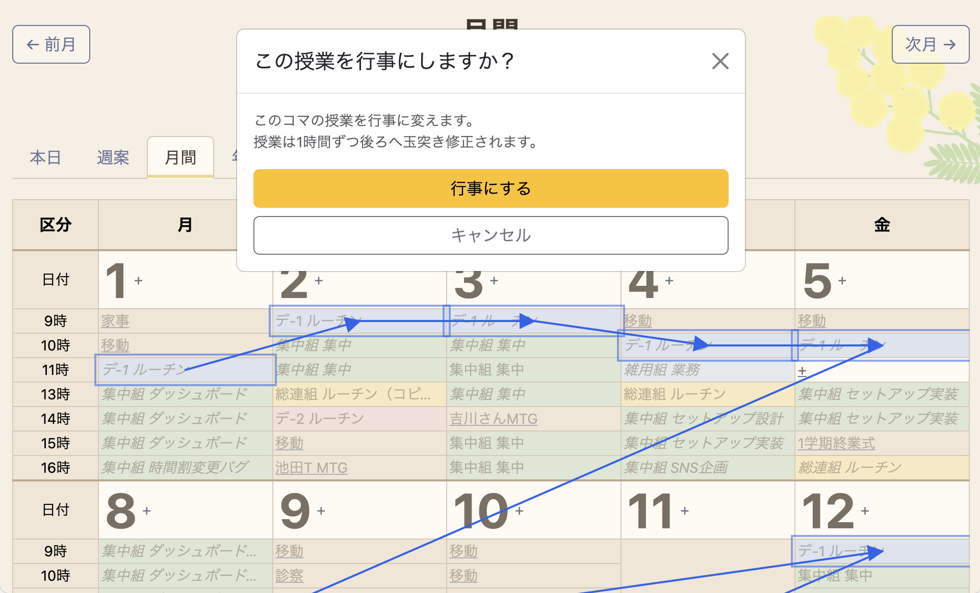「この授業を行事にしますか？」の確認画面。行事にすると、後続の授業が1時間ずつ後ろへ自動で玉突き修正される様子を矢印で示している。