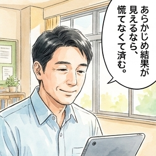 タブレットを見ている男性が「あらかじめ結果が見えるなら、慌てなくて済む。」と話している漫画。
