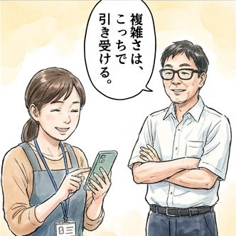 スマホを見た先生が安心し、開発者が「複雑さは、こっちで引き受ける。」と伝える漫画。