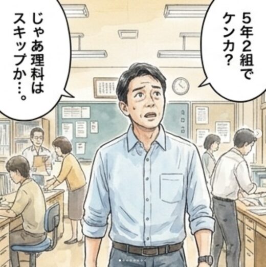 職員室で立ち尽くす先生「5年2組でケンカ？」「じゃあ理科はスキップか…。」