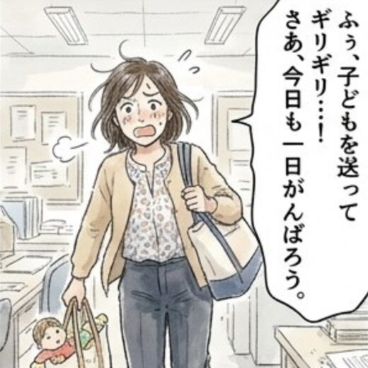 子どもを送ってギリギリに出勤した先生「ふぅ、子どもを送ってギリギリ…！さあ、今日も一日がんばろう。」
