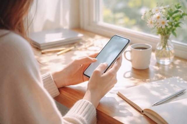 窓辺の机でスマホを持つ手元